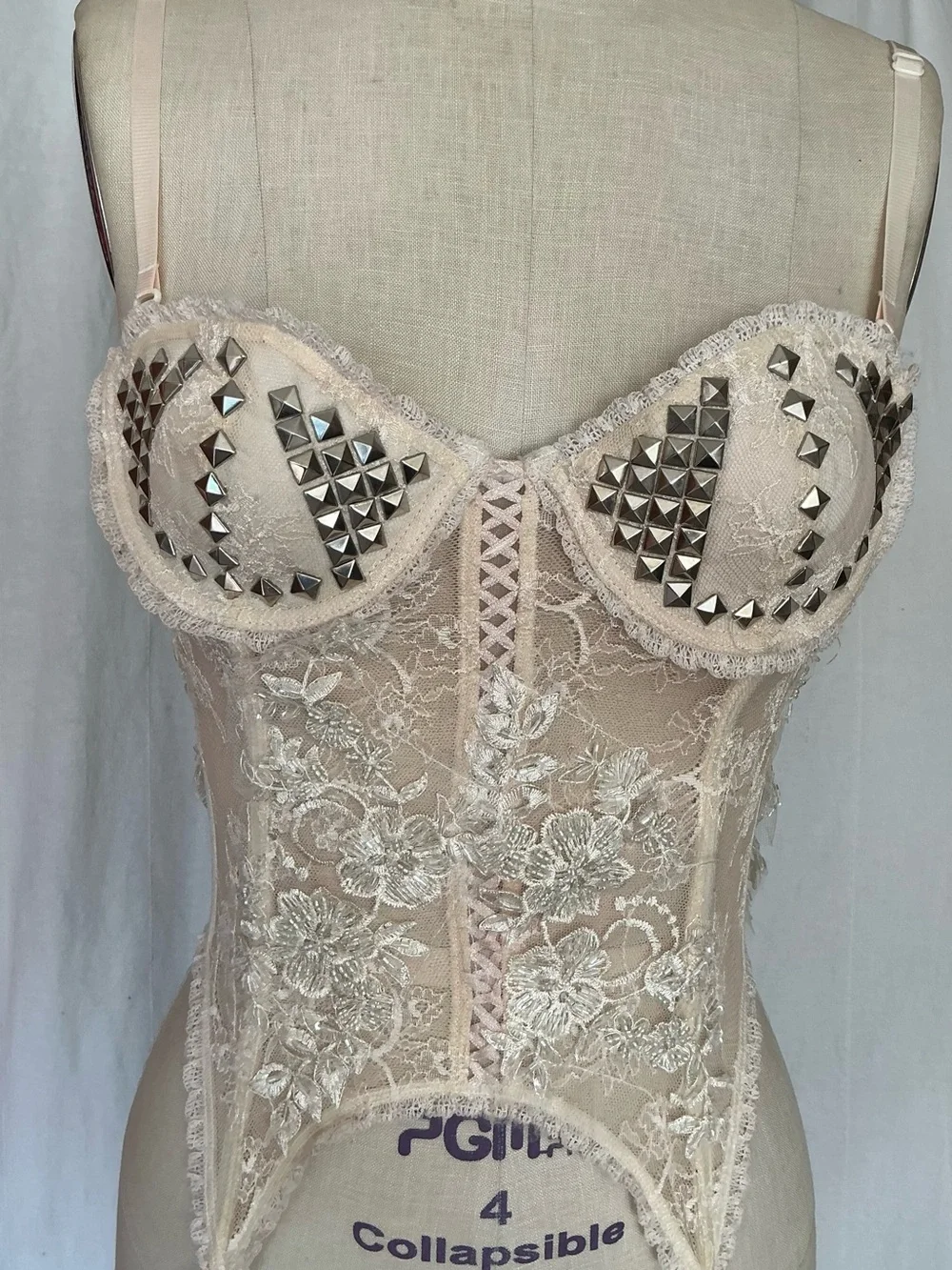 Customized Vintage Studded Lace Bustier Corset in Cream Color
